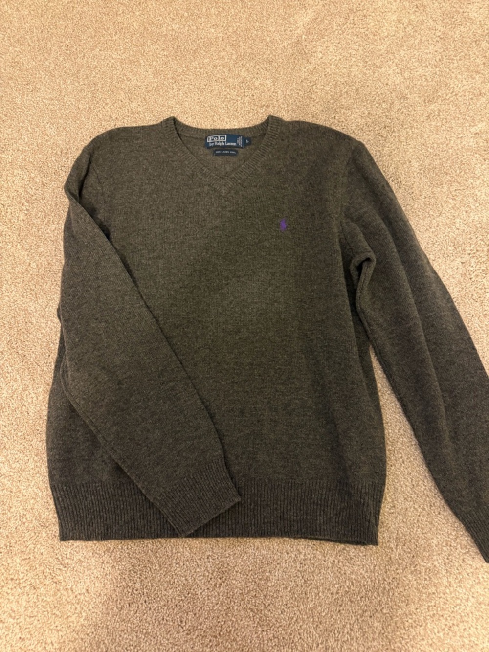 Polo Ralph Lauren Gray 100% Lambs Wool V neck sweater size Large